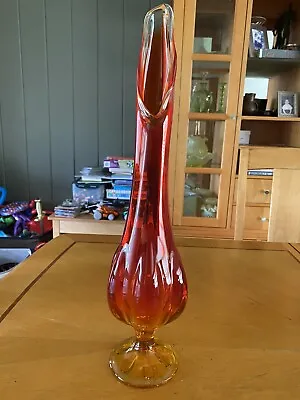 Vintage MCM Viking Glass Epic 6 Petal 19” Swung Vase In Persimmon Amberina • $99.99