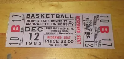 1963 Memphis State Tigers Basketball Ticket Stub Vs. Marquette - 12/12/1963 Game • $15