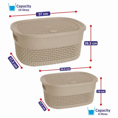 Set Of BEIGE Small & Large Storage Basket With Lid Handle Home Kitchen Bathroom • £13.79