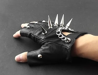 Mens Rivet Spike Punk Rock Driving Motorcycle Biker Leather Fingerless Gloves • $28