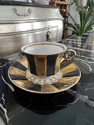 Royal Heidelberg Winterling Bavaria Black & White Gold Gilded Tea Cup Saucer • $40