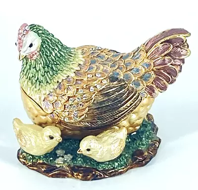 Nobility Jeweled Hen With Chicks Hinged Metal Enameled Crystals Trinket Box • $20