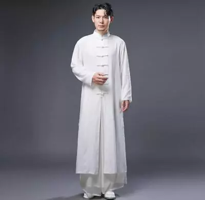 Mens Retro Chinese Style Stand Collar Long Sleeve Loose PANKOU Cotton Linen Robe • $51.59