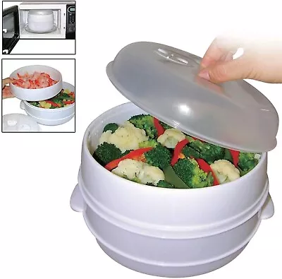 2Tier Microwave Steamer Vegetable Cooker Healthy Pasta Rice Fish Cooking Pot Pan • £8.40