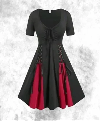 New Gothic Black & Red Corset Studded Short Sexy Summer Dress Size 2XL 20 22 24 • £29.99