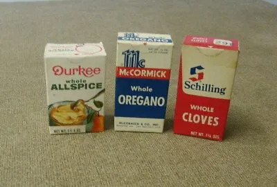 Vintage Spice Boxes Unopened Durkee Allspice McCormick Oregano Schilling Cloves • $12