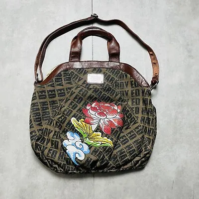 Vintage Don Ed Hardy Canvas Purse Red Leather Bling Rose Y2k Bikercore Gorpcore • $16.50