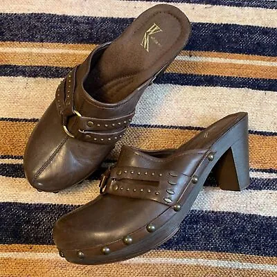 Vintage Y2K 90's Clogs Heeled Leather Studded Slip-ons Mules Brown 7M Platform  • $24