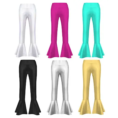 $14.94 • Buy Kid Girls Shiny Leggings Stretch Ruffle Hem Bell-Bottoms Modern Jazz Dance Pants