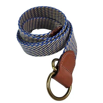 J CREW Mens Belt XL Blue Tan Cotton Woven Webbing Leather Trim D Ring • $15.30