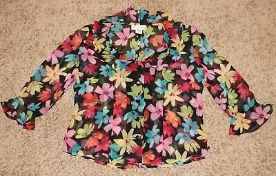 $9.99 • Buy Miss Dorby Sheer Floral Open Back Button Down Shirt Blouse Top Ruffles Slits 10p