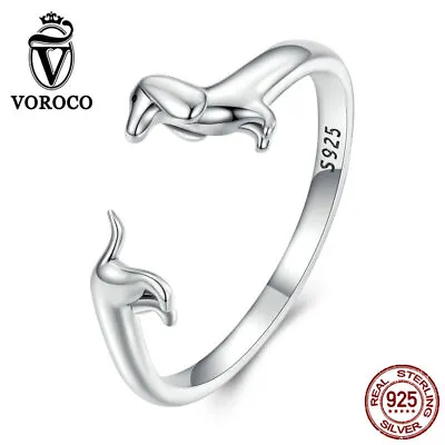 Voroco European S925 Sterling Silver Cute Dachshund Opening Ring Women Jewelry • $8.78
