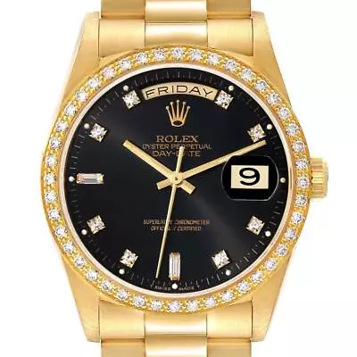 Rolex President Day Date 36mm Yellow Gold Black Dial Diamond Mens Watch 18348 • $23980