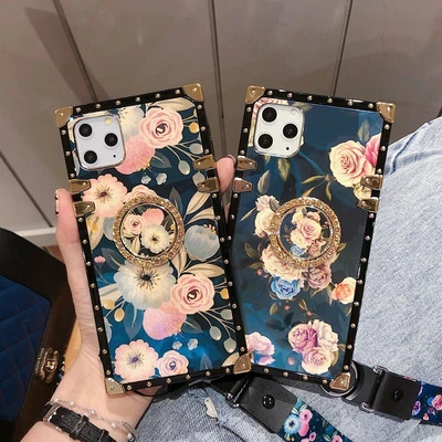 $14.87 • Buy For IPhone 13 12 11 Pro Max Luxury Flower Metal Square Case Cover W/Ring