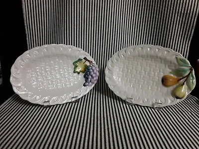 Nos Lot Of 2 Set Vtg Majolica Weave Basket Grapes Fig Pear Fruit Plates Platters • $24.95