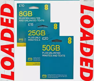 EE Sim Card Loaded 8GB  25GB  50GB Data Pay As You Go WIFI MIFI DONGLE & PHONE • £8.99