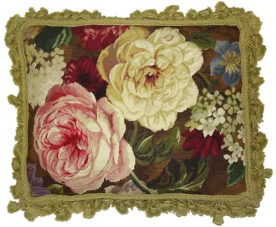14  X 18  Handmade Wool Needlepoint Petit Point Yellow Pink Cabbage Roses Pillow • $355.74