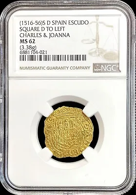 1516 -1556 Seville Gold Spain 1 Escudo Carlos & Johanna Cob Ngc Ms 62 • $3599