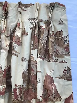 Vintage French Toile Maritime Custom Pinch Pleat Drapes Thick Lined -4 Available • $175