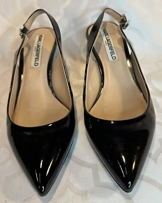 KARL LAGERFELD BLACK PATENT Leather SLING BACK Pointed Toe Pumps Size 7.5 • $20