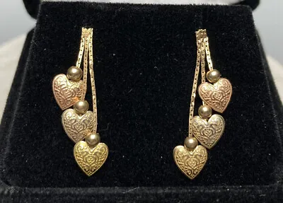 14K Yellow Gold White Gold & Rose Gold Heart Drop Dangle VTG Earrings 1” 0.68g • $132