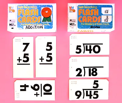 Math Flash Cards—addition + Division—basic Facts—2 Storage Box—skill Dril Vntg • $2.95