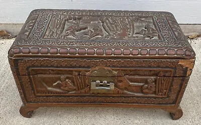 VINTAGE ANTIQUE HAND CARVED WOODEN YU TING GOOD LUCK ORNATE WOOD CHEST Box • £48.14