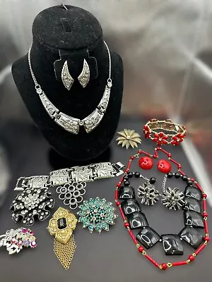 Vintage To Now Mix Necklace & Rhinestone Brooch Costume Jewelry Lot Pin Necklace • $45