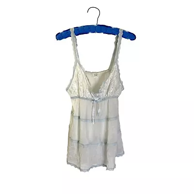 Vintage 90s Hanky Panky USA Made White Light Blue Lace Trim Cami Nightie Top L • $19.60