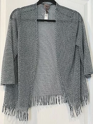 Chicos 0 Easywear Teal White Jacket Open Cardigan Chevron Fringe Pacific Coast  • $19.90