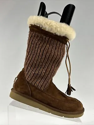UGG Australia Suburb Boots Women's Size 6 Brown Suede Crocheted Fur Lined • $42.50