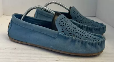 MINNETONKA Women 9 40 Perforated Blue Suede Leather Driving Moc Shoes Loafers • $22.73