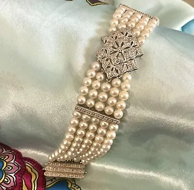 Vintage Designer Signed 14K White Gold Cultured Pearl & Diamond Bracelet • $225