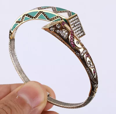 $47 • Buy Enamel Turkish Simulated Ruby .925 Silver & Bronze Bangle Bracelet #43597
