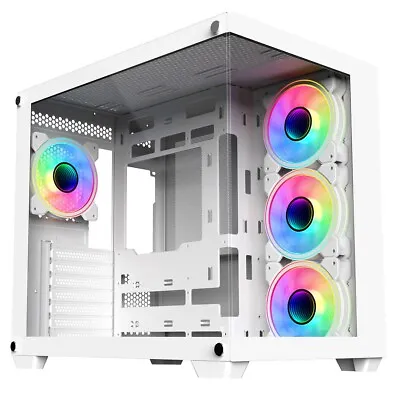 CiT Vision White ATX Gaming Cube PC Case Full Tempered Glass Panels 4x LED Fans • £79.99