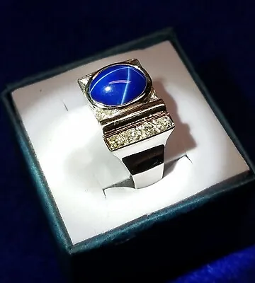 Vintage Mens 14K White-Gold ART DECO Ring With Sapphire & Diamonds ~ Classy!  • $695