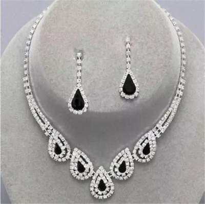 Crystal Diamante Wedding Bridal Necklace Earrings Jewellery Set Black Drop Party • $20.66