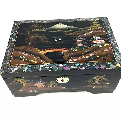 Vintage Jewelry Box Mother Of Pearl Inlay Black Lacquer Oriental • $35.70