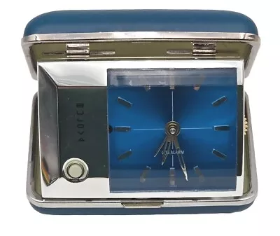 Vintage Bulova Travel Alarm Clock - Blue Chrome Clock With Light - Works • $29.99