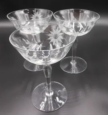 LOT OF 3 VINTAGE Stemware Sherbet Dessert Etched Glasses Flowers With Vines 1950 • $16.90