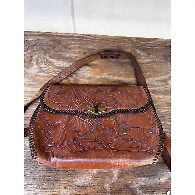 Vintage 1960's Small Leather Floral Tooled Bag Mexican Leather Purse Flower Embo • $45