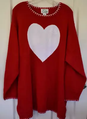 2X Quaker Factory Hearts Red Knit Sweater White Edging Valentines Sweatheart • $45.99