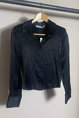 Zara Satin Effect Front Button Blouse Women's SM Black Lapel Collar Long Sleeve • $30