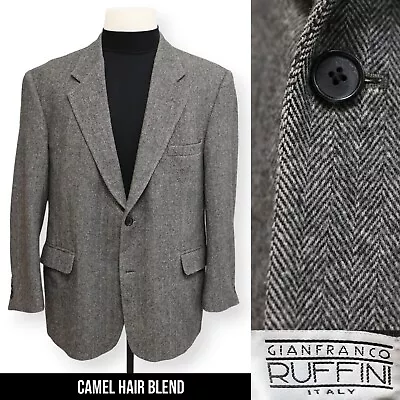 VINTAGE TWEED Mens Gray HERRINGBONE Camel Sport Coat Suit Jacket Blazer 44 R • $31.99