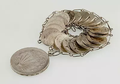 1920's-40's Mexico Silver (720) 20 Centavos Coin Bracelet & Un Peso Charm • $325