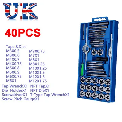 40Pcs Metric Wrench Tap And Die Set Cuts M3-M12 Bolts Engineers Kit W/ Case Tool • £13.89