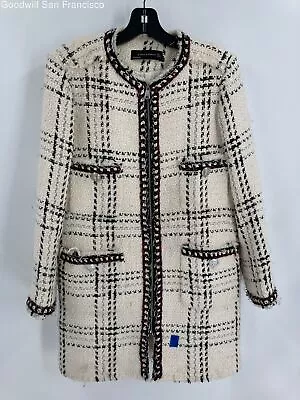 Zara Womens Ivory Black Plaid Long Sleeve Tweed Full Zip Overcoat Size Medium • $14.99