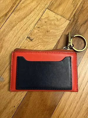 J. Crew Leather ID Credit Card Holder Wallet Orange Blue Key Ring Zip 4.75  X 3  • $9.99