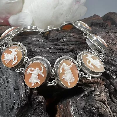 Vintage Shell Cameo Bracelet Sterling Silver Carved Dancers • $79.99