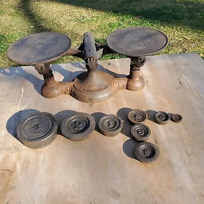 Antique Fairbanks Cast Iron Scale W 8 Weights - Nice Display Piece + Works • $80